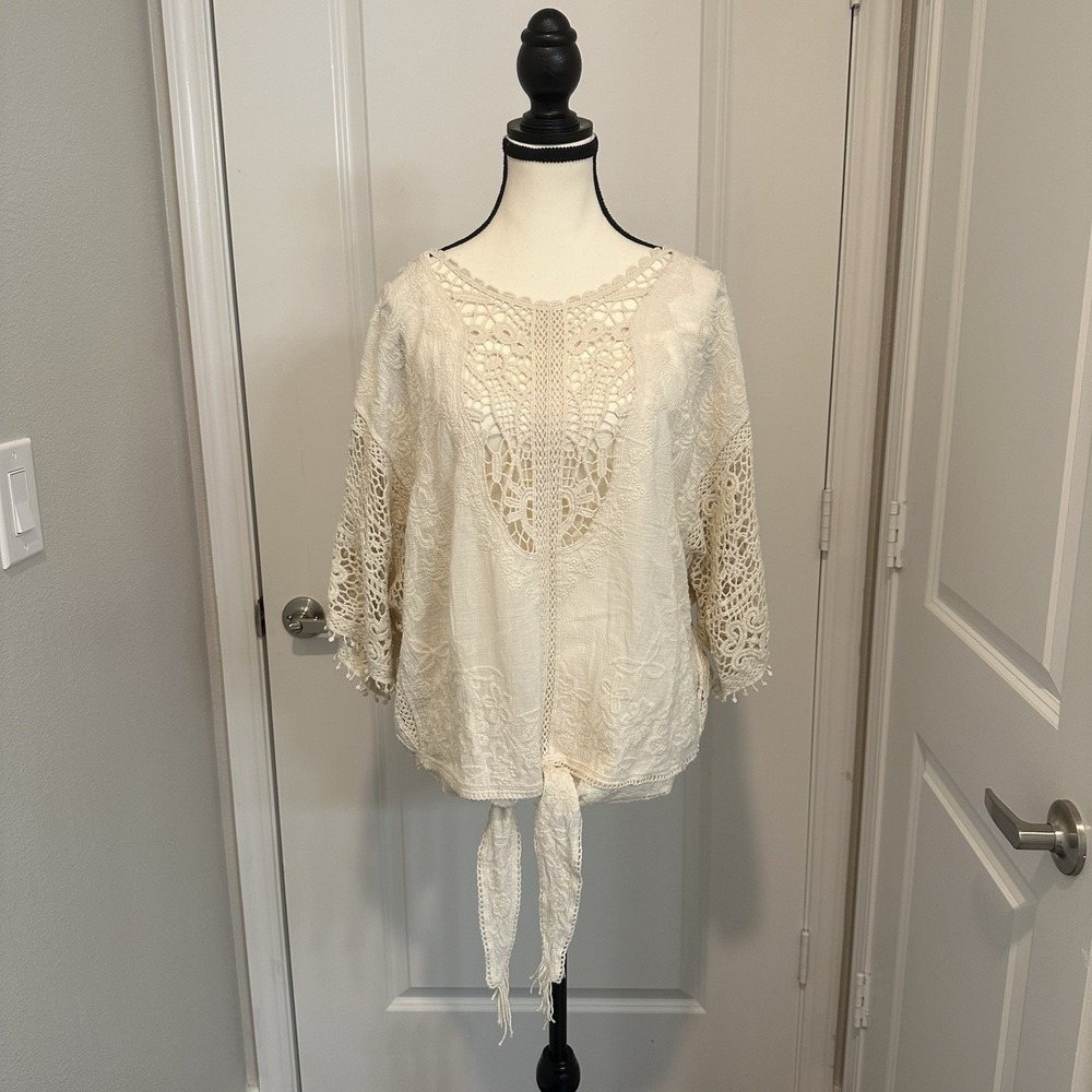 Boho‎ Crochet Lace Tie Front Top & Lining Tank Cream Peasant Festival Small